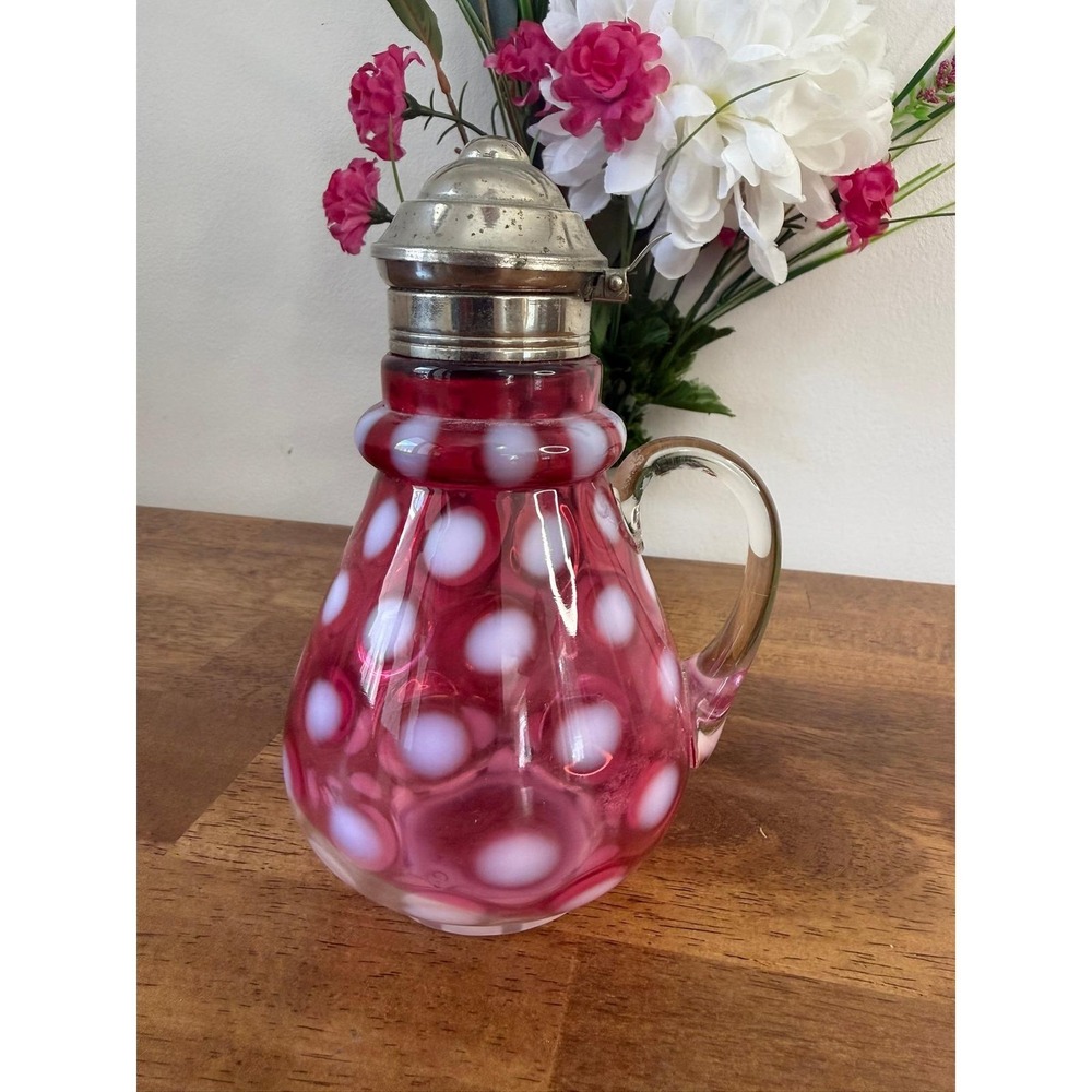 Antique Cranberry Opalescent Glass Coin Dot Syrup Pitcher Hinged Lid Victorian